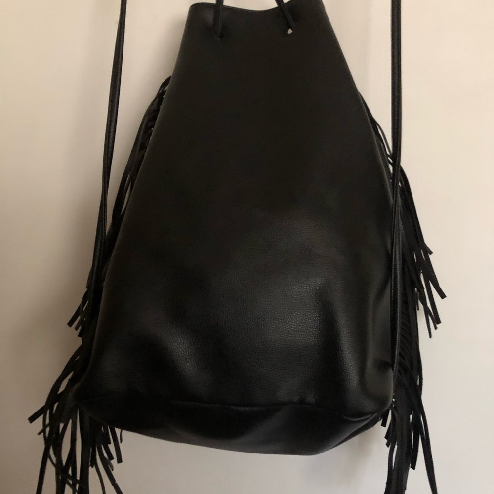 Victoria's Secret  Women’s Backpack With Fringe Pull String Faux Leather  Black - Picture 5 of 8